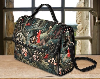 Fairytale Forest Retro Satchel Handbag, forest cottagecore fox bag, cute fox bag, vegan leather shoulder bag, fantasy crossbody bag gift