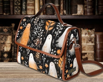 Ghosts Halloween Canvas Satchel Bag, Dark Academia Ghost Purse, Witchy Purse, Top Handle Bag, Witchcore Bag, Goth Ghosts boho hippie Bag