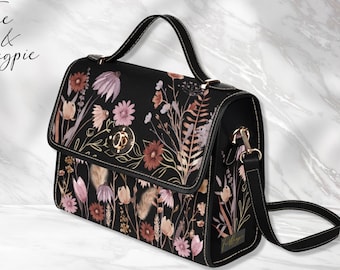 Meadow Flower Cottagecore Canvas Satchel Bag, Black Floral Handbag, Top Handle Bag With Shoulder Strap, Dark Academia, Floral Bohemian Bag