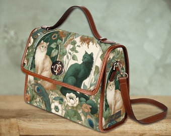 Cottagecore Boho Cats Satchel handbag, green witch cat bag, black cat purse, brown earth tones vegan leather shoulder bag, cat lover gift
