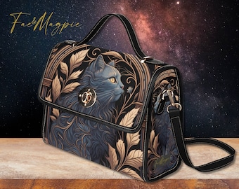 Bolso de mano de bruja con diseño de gato gris místico, bolso de gato cottagecore, bolso gótico, bolso de hombro de cuero vegano negro, regalo de gato, academia oscura, art déco
