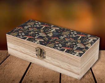 Mushrooms Wooden Storage Box, retro wood box, desk storage, pen storage box, vintage desk accessories, jewellery box, washi tape holder box