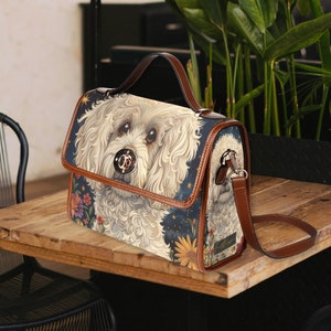 Sac à main Bichon Frise Dog Satchel, sac à bandoulière en cuir végétalien pour chien blanc, joli cadeau pour chien bichon, sac à main pour chien cottagecore, sac pour amoureux des chiens