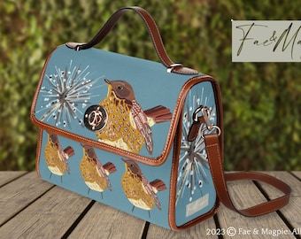 Winter Bird Cottagecore Canvas Satchel Bag, Original Painting Handbag, Top Handle Bag With Shoulder Strap, Blue Bird Bohemian Bag