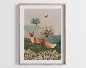 Blossom Fox Art Print, Cottagecore Nursery Decor (Digital Download)