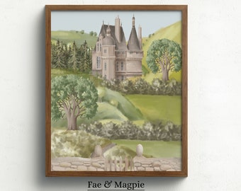 Stampa artistica del castello delle fiabe, illustrazione in stile cottagecore