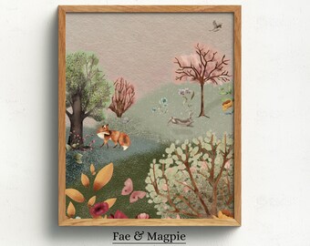 Blossom Wood Fox Art Print, Cottagecore Nursery Decor (Digital Download)