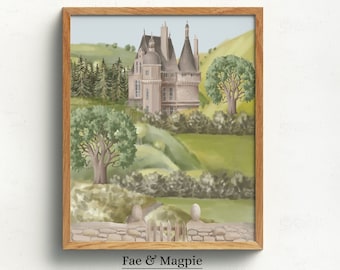 Stampa con illustrazione di un castello da fiaba, stile cottagecore (download digitale)