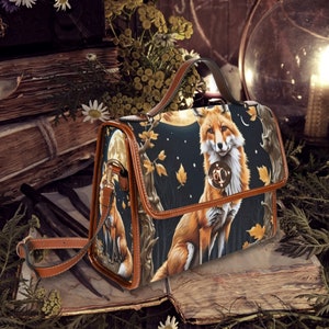 Sac à main baroque Forest Fox Satchel, sac cottagecore foncé, sac à main bois fantaisie, sac à bandoulière en cuir végétalien noir, cadeau sac à main en renard