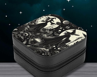 Witches Jewellery Box, black zip jewellery storage box, witchy gift, travel jewellery pouch, witchcore box, spooky home decor, dark academia