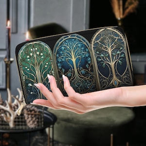 Cartera Árbol de la Vida, Monedero con Vitrales en Dark Cottagecore, Cartera de Mano de Bruja de Dark Academia, Regalo de Iglesia Gótica, Monedero con Cremallera de Catedral