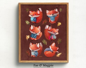 Lámina infantil de zorro otoñal / Arte mural infantil de animales del bosque (descarga digital)