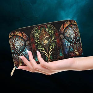 Monedero con Árbol de la Vida, Cartera de mano con vitrales, Regalo gótico, Monedero negro con cremallera, Bolso de iglesia gótico, Regalo para amantes de los libros.