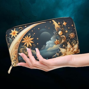 Cartera con cremallera Celestial Dreams Moon, regalo gótico, monedero con cremallera lunar, cartera con estrellas y luna de bruja, regalo de la academia oscura, monedero hippie boho dorado