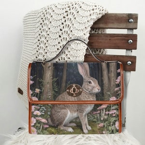 Forest Hare Cottagecore Canvas Satchel Bag, grey hare bag, Top Handle Shoulder Bag , rabbit bohemian hippie handbag, mystical forest bag