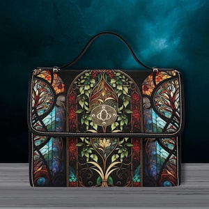 Arbre de vie sac à main cartable église en vitrail poignée supérieure sac à bandoulière sac à main d'église cadeau université sombre cadeau sorcellerie sac goth et portefeuille cadeau