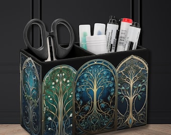 Tree Of Life Desk Tidy Stained Glass Church Pen Holder Witchy Gothic Desk Organiser Black Blue Green Pen Pot