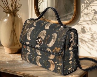 Moon Phase Witch Dark Academia Canvas Satchel Bag, dark cottagecore top handle bag with shoulder strap, gothic  lunar moon bag, witchcore