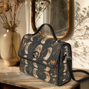 Bolso tipo cartera de lona Moon Phase Witch Dark Academia, bolso con asa superior de estilo cottagecore oscuro y correa para el hombro, bolso lunar gótico, witchcore