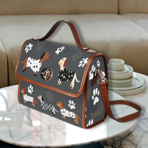 Dackels Umhängetasche Handtasche in grau aus veganem Leder, Beutel für Weiner Hunde, Umhängetasche aus veganem Leder, Hundeliebhaber Geschenk, Hunde Geldbeutel