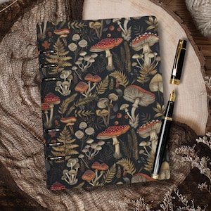 Capa de fichário e páginas de inserção de cogumelos Forestcore, caderno de fichário A5, organizador de agenda A5, diário de bolsa, agenda de bruxa, papelaria