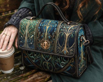 Blue Tree of Life Handbag, Art Nouveau Crossbody Bag, Woodland