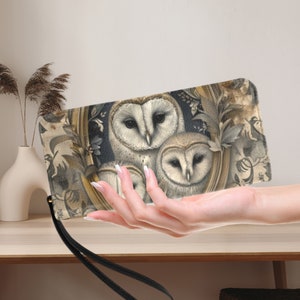 Monedero vintage con diseño de búho estilo cottagecore, cartera de mano con diseño de búhos, regalo de búho bohemio, bonita cartera con cremallera con diseño de búho, cartera con cremallera con diseño de pájaro del bosque gótico