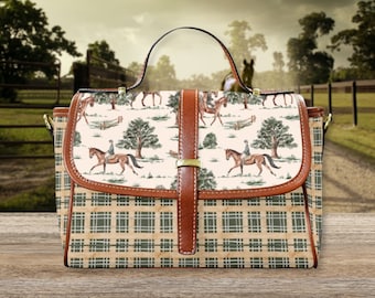 Equestrian Horses Retro Satchel Handbag, cottagecore bag, vegan leather cross shoulder bag, horse lover gift, horse riding bag, pony handbag