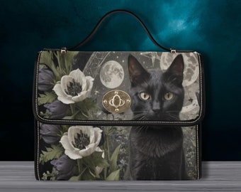 Moonlight Black Cat witchy Satchel handbag, celestial cat bag, goth bag, black vegan leather shoulder bag, dark academia bag, witchy cat bag