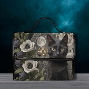 Sac à main Moonlight Black Cat witchy Satchel, sac chat céleste, sac gothique, sac à bandoulière en cuir végétalien noir, sac universitaire sombre, sac witchy cat