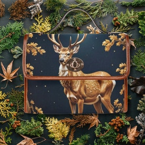 Sac à main baroque Forest Stag Satchel, sac en cottagecore foncé, sac à main fantastique en bois, sac à bandoulière en cuir végétalien noir, cadeau de sac à main en cerf