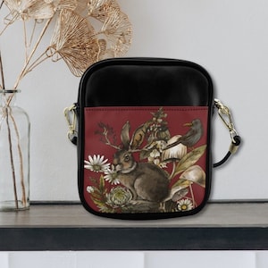 Forest Witch Red Sling Bag, forest women cottagecore crossed body hand bag, hippies boho gift, vegan leather strap bag, hare bag, rabbit bag