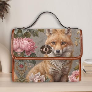 Bolso tipo cartera con diseño de zorro rosa, bolso estilo cottagecore con asa superior y correa para el hombro, bolso hippie boho, bonito bolso de mano de zorro primaveral, regalo para amantes de la naturaleza con zorros.