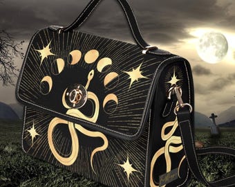 Witchy Snake Moon Phase Satchel, Goth Crossbody Bag