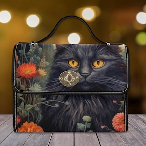 Sac à main Boho Cottagecore Witchy Cat Satchel, sac catmoon foncé universitaire, sac gothique, sac à main en cuir végétalien noir, cadeau chat witchcore