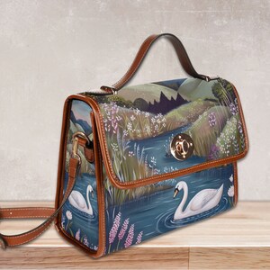 Swan Lake Retro Canvas Satchel Bag, bird cottagecore crossed body bag, blue floral bag, vegan leather bag, swan lover purse gift, white swan, fae and magpie