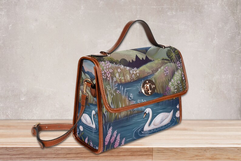Swan Lake Retro Canvas Satchel Bag, bird cottagecore crossed body bag, blue floral bag, vegan leather bag, swan lover purse gift, white swan, fae and magpie