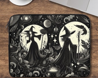May include: Black and white illustration of two witches with brooms and wands standing in front of a full moon. The background is filled with stars, flowers, and other magical elements.