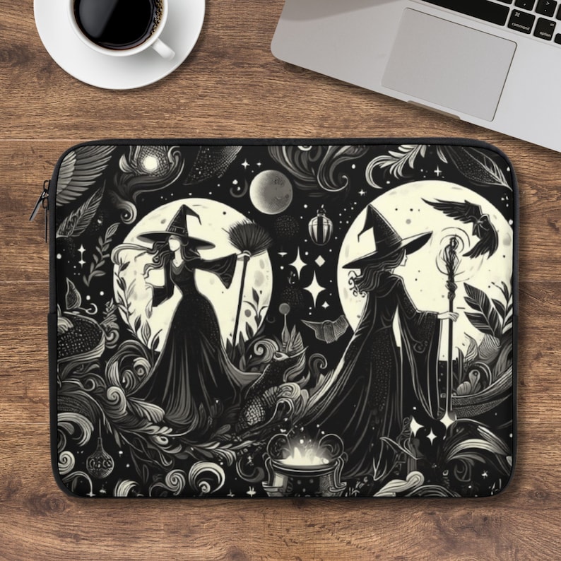 Witches Laptop Sleeve, dark academia laptop case IPad tablet cover, travel case, witchy gift laptop padded bag, witchcore case, witchy moon, fae and magpie