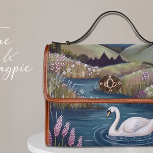 Swan Lake Retro Canvas Satchel Bag, bird cottagecore crossed body bag, blue floral bag, vegan leather bag, swan lover purse gift, white swan, fae and magpie