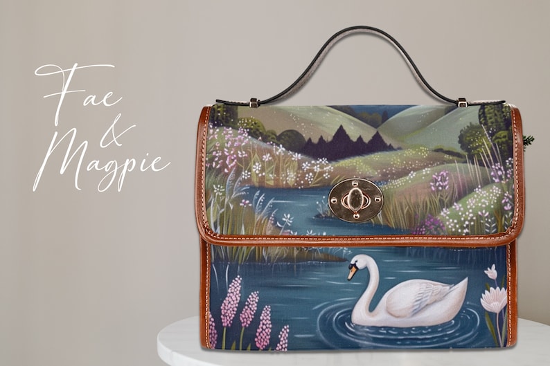 Swan Lake Retro Canvas Satchel Bag, bird cottagecore crossed body bag, blue floral bag, vegan leather bag, swan lover purse gift, white swan, fae and magpie