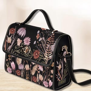 Sac cartable en toile Cottagecore fleur des prés, sac à main floral noir, sac à main avec bandoulière, milieu universitaire sombre, sac bohème floral