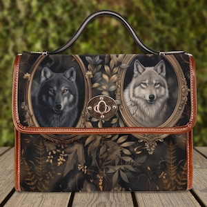 sac cartable en toile loup vintage, sac à bandoulière witchy avec poignée supérieure, sac à main witchcore sac à main loup sauvage academia sombre, sac gothique loup-garou