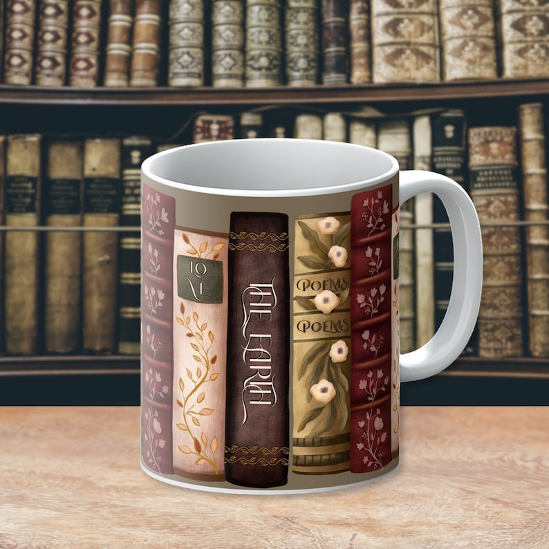 Bookish Cottagecore Mug, dark academia mug, book lover gift, coffee and books cup, librarian style decor, librarycore brown mug, preppy mug, fae and magpie