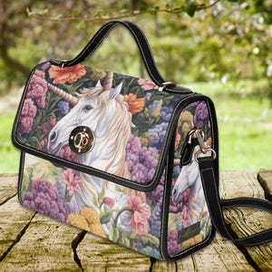 Mystic Unicorn Purse Fantasy Canvas Satchel Bag, sac à main licorne, sac à main boho hippie, sac de créatures mystiques, cadeau pour amoureux des chevaux