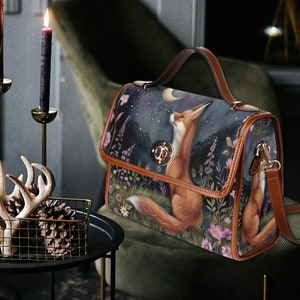 Moon Gaze Fox Purse, dark cottagecore fox, retro satchel handbag, forest fox bag, cute fox bag, vegan leather shoulder bag, fox lover gift, fae and magpie