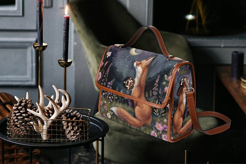 Moon Gaze Fox Purse, dark cottagecore fox, retro satchel handbag, forest fox bag, cute fox bag, vegan leather shoulder bag, fox lover gift, fae and magpie