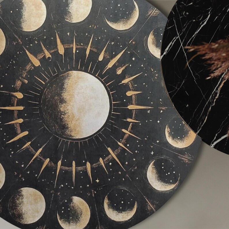 Moon Floor Pattern Moon Phase Velvet Floor Mat, Dark Cottagecore Rug, Circular Coral ...
