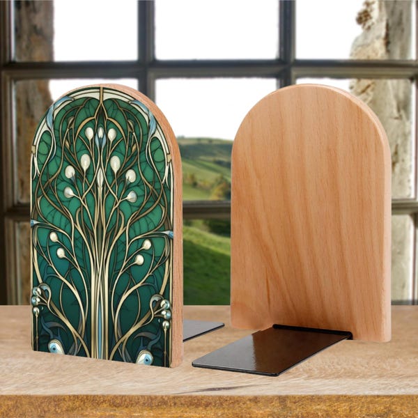 Tree of Life Wooden Bookends: Gothic Home Decor, Blue and Green, cottagecore book stand