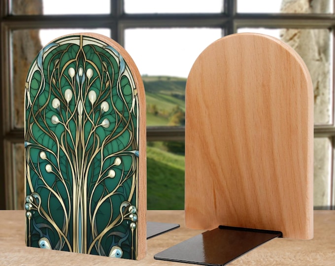 Tree of Life Wooden Bookends: Gothic Home Decor, Blue and Green, cottagecore book stand